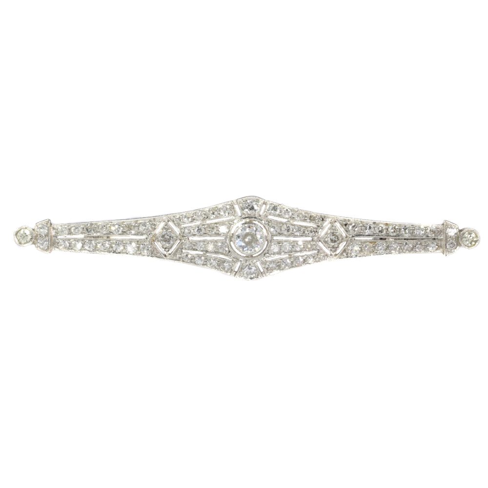 Vintage Art Deco Old Cut Diamond Bar Brooch In Platinum
