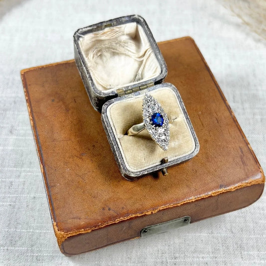 Antique 18 Carat Yellow Gold Victorian, Natural Sapphire & Diamond Marquise, Navette Shaped Ring