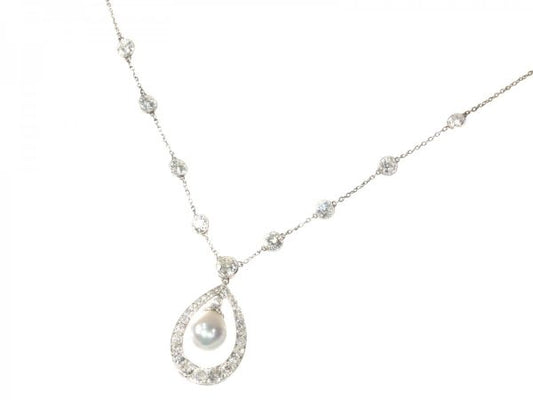 Vintage Art Deco Diamond and Natural Pearl Drop Necklace