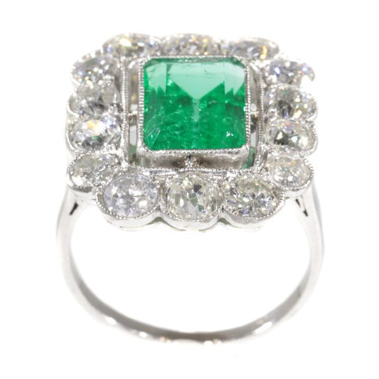 Vintage Fifties Natural Untreated Emerald and Diamond Cluster Ring