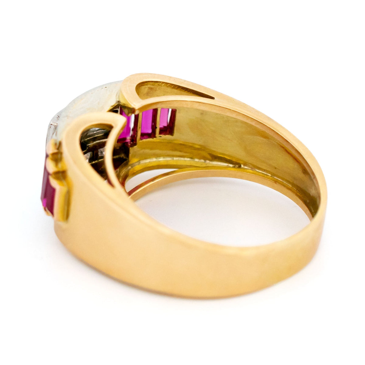 Vintage Retro Diamond and Verneuil Ruby Set 18ct Gold Tank Ring