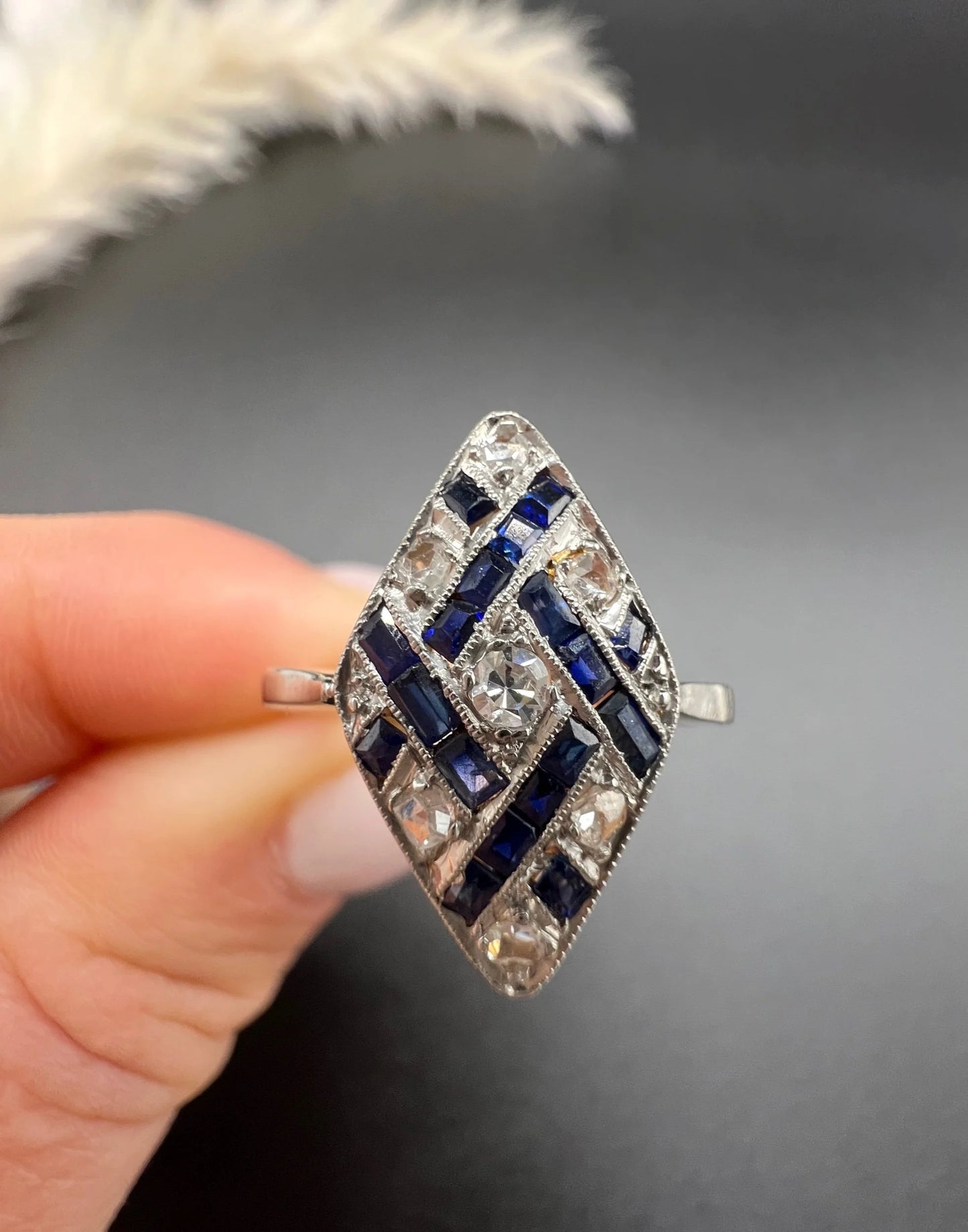 Antique 18 Carat Gold And Platinum Art Deco Sapphire And Diamond Marquise Ring