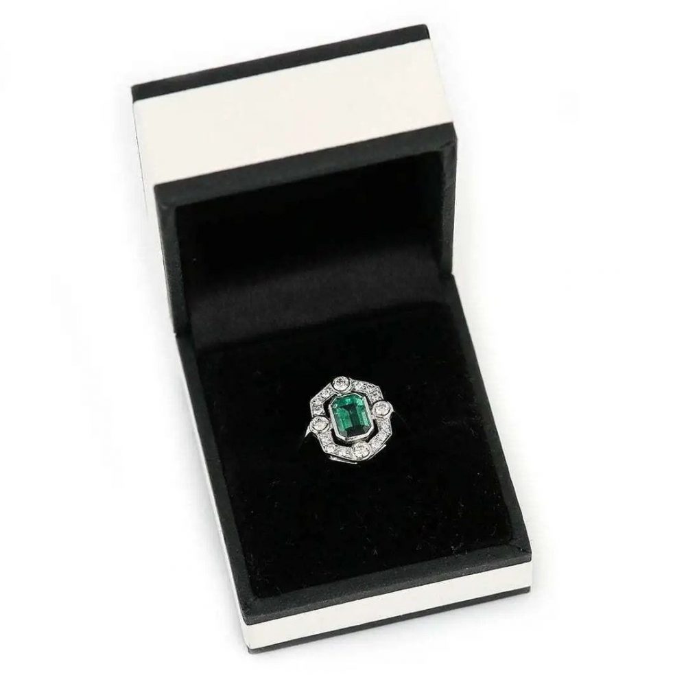 Art Deco Style 1ct Emerald and Diamond Halo Cluster Ring in Platinum