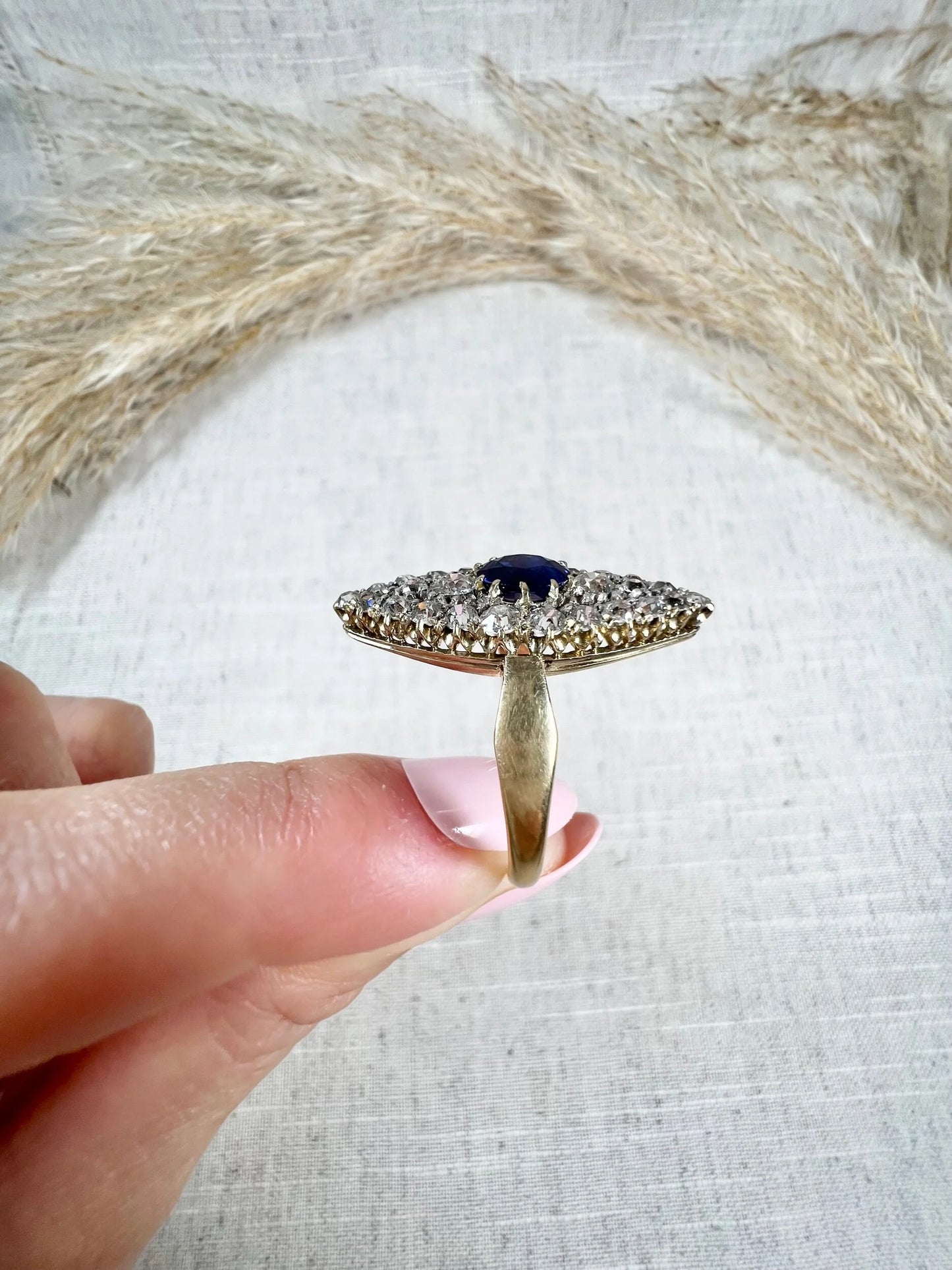 Antique 18 Carat Yellow Gold Victorian, Natural Sapphire & Diamond Marquise, Navette Shaped Ring