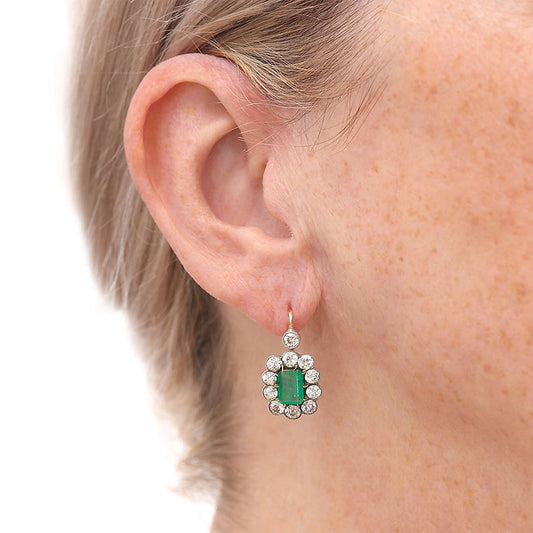 Art Deco 4ct Emerald and Diamond Cluster Drop Earrings