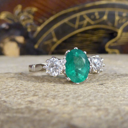 1ct Emerald and Diamond Three Stone Ring