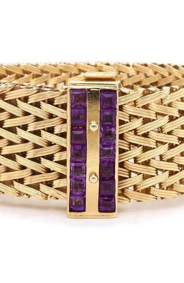 Vintage 1970's Rope Design 9ct Yellow Gold Bracelet with Purple Stone Set Clasp