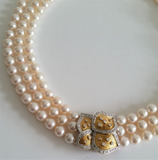 Bucherer Triple Row Akoya Pearl Necklace, 18ct Gold and Diamond Clasp
