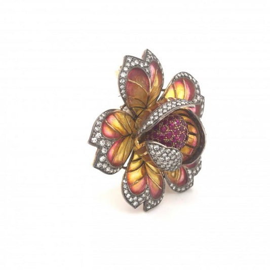 Plique-a-Jour Enamel, Ruby and Diamond Flower Brooch