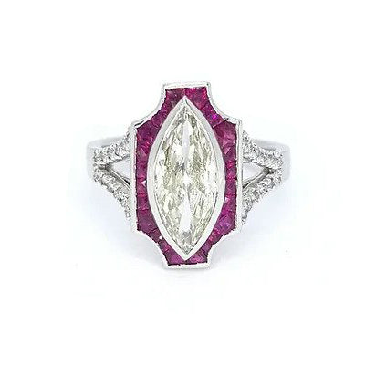 Certified 1.60ct Marquise Diamond and Calibre Ruby Cluster Ring