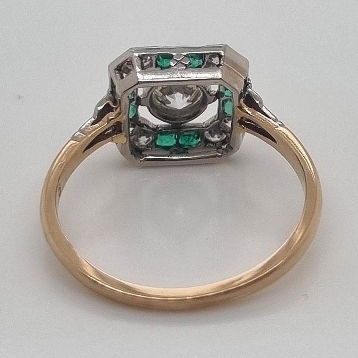 Art Deco 0.60ct Old European Cut Diamond and Emerald Square Octagonal Cluster Ring in platinum and 18ct yellow gold