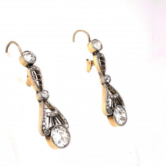Edwardian Style Old Cut Diamond Drop Earrings; set with old-cut and rose-cut diamond, 2.40 carat total, mounted in gold with silver settings