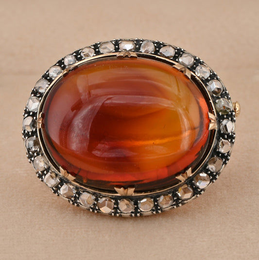 Antique 30ct Baltic Amber and 2.30ct Rose Cut Diamond Cluster Brooch