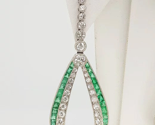 Pair of Contemporary Emerald, Diamond and Platinum Drop Earrings