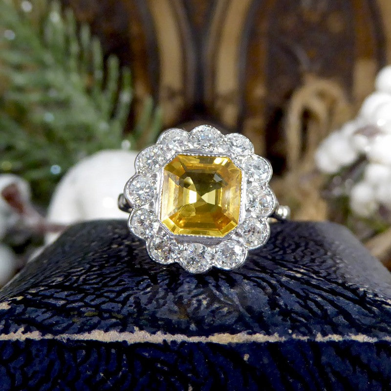 2.10ct Asscher Cut Yellow Sapphire and Diamond Cluster Ring