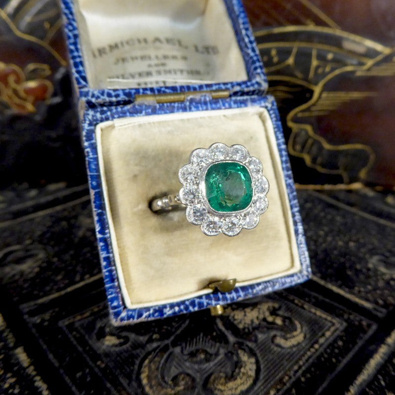 2.55ct Cushion Cut Emerald and Diamond Cluster Ring