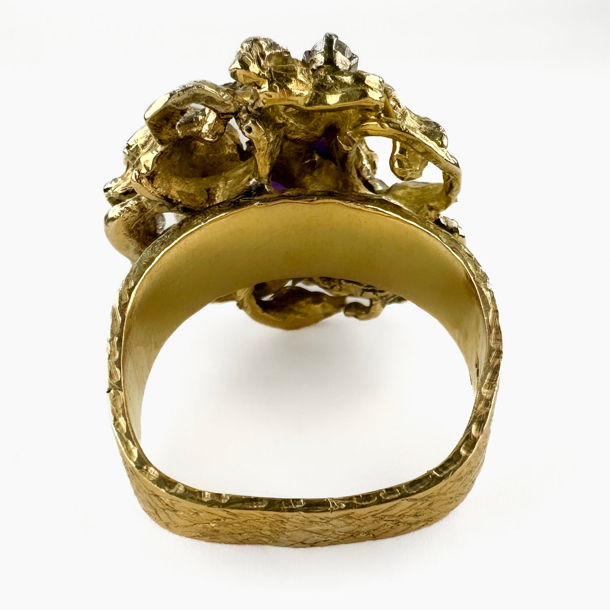 Vintage Brutalist Amethyst and Diamond Set Gold Sculptural Ring