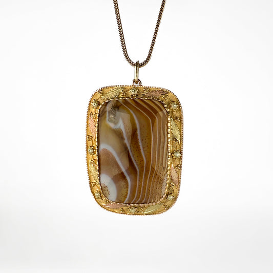Victorian Antique Banded Agate and Gold Pendant with Chain
