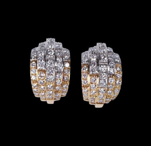 Contemporary Diamond Earrings; featuring 4 carats of brilliant cut diamonds set in geometric stepped lines, set in 18ct white and yellow gold