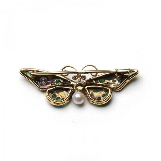 Pink and Blue Enamel Butterfly Brooch with Diamonds Emeralds Pearl