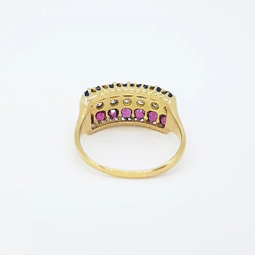 Ruby, Sapphire and Diamond Three Row Cocktail Dress Ring, in 18ct yellow gold
