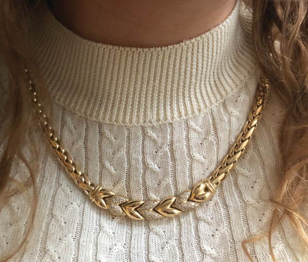 Vintage Steltman 18ct Gold Rope Necklace with Diamond Set Leaves