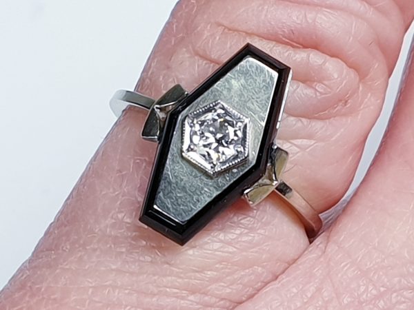 Art Deco French Old Cut Diamond and Onyx Lozenge Plaque Ring