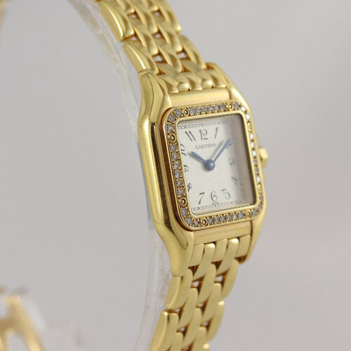 Cartier Panthere Ladies Original Diamonds 18ct Yellow Gold 22mm Quartz Watch, silver colour dial, Arabic numerals, sapphire glass, Cartier factory set diamond bezel and diamond crown, 18ct Yellow Gold bracelet with 18ct double-fold hidden clasp, with Cartier box.