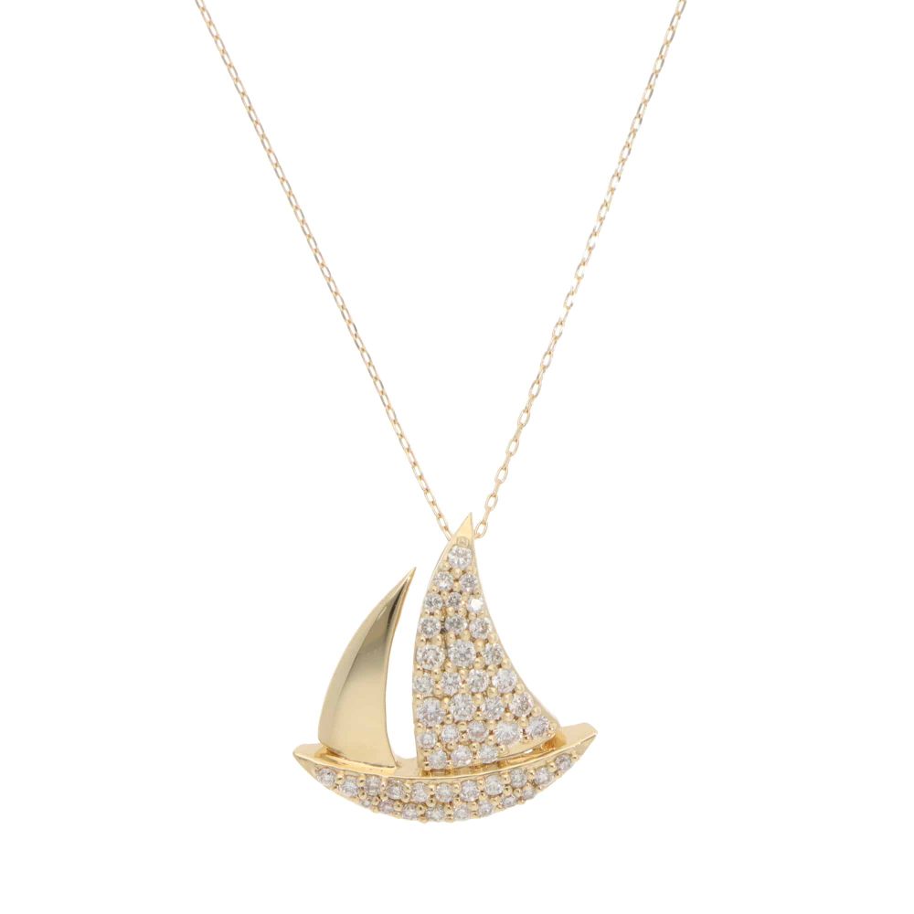 Diamond Set Sailing Boat Necklace in Yellow Gold