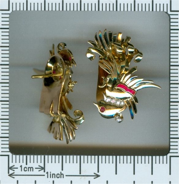 Vintage Retro Gold and Diamond Bird Clip Earrings