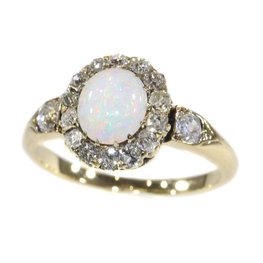 Antique Victorian Cabochon Opal and Diamond Cluster Ring