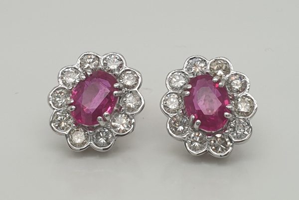 Vintage Pair of Ruby and Diamond Oval Cluster Stud Earrings