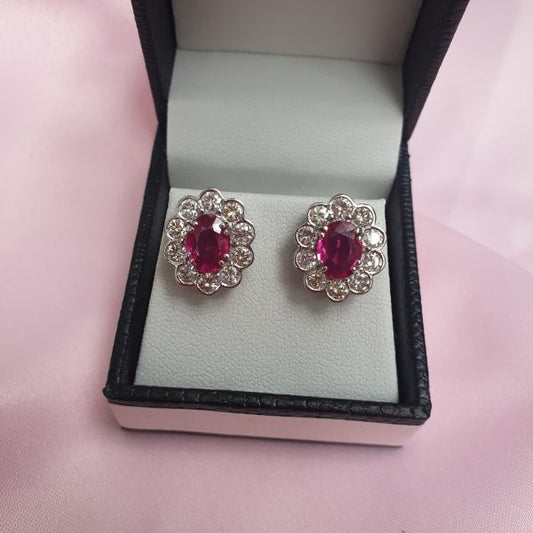 Vintage Pair of Ruby and Diamond Oval Cluster Stud Earrings