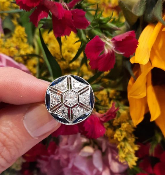 French Calibre Cut Sapphire and Diamond Cluster Dress Ring in Platinum