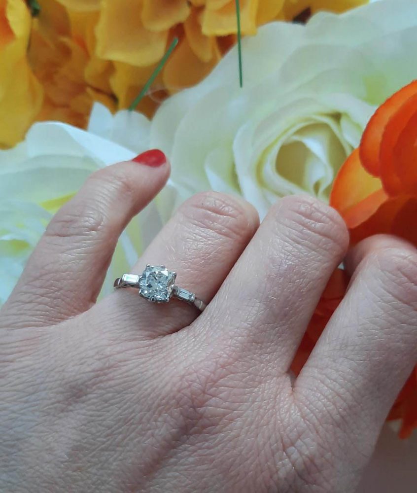 1.41ct Old Cut Diamond Solitaire Engagement Ring with Baguette Shoulders