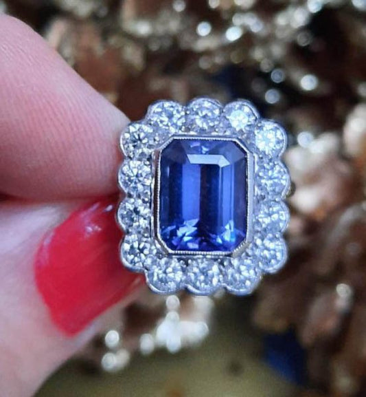 Tanzanite and Diamond Cluster Ring, Rectangular Emerald Cut 4 carats