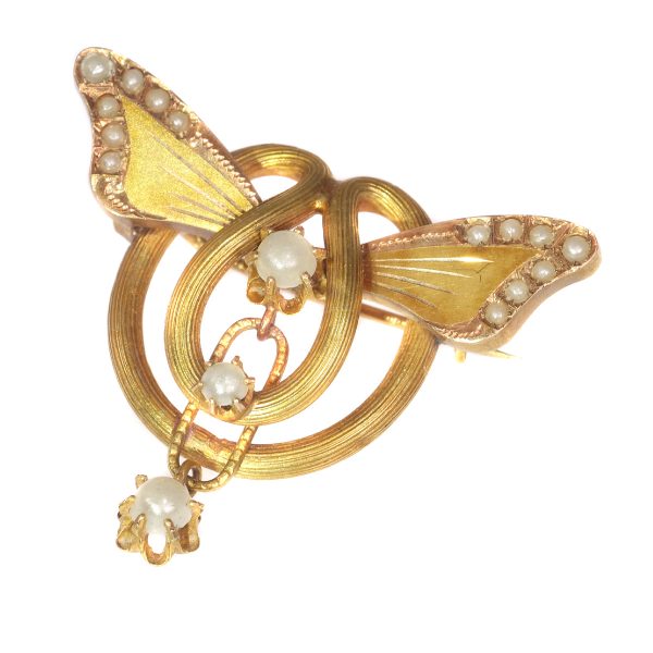 Antique Art Nouveau Gold and Pearl Brooch Butterfly Wings