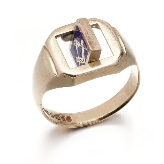 Vintage Masonic 9ct Yellow Gold Swivel Signet Ring, blue enamel freemason emblem of compass and ruler to the front swivel and engraved letter N to reverse, Circa 1977