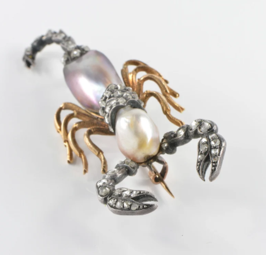 Antique Victorian Abalone Natural Pearl and Diamond Scorpion Brooch