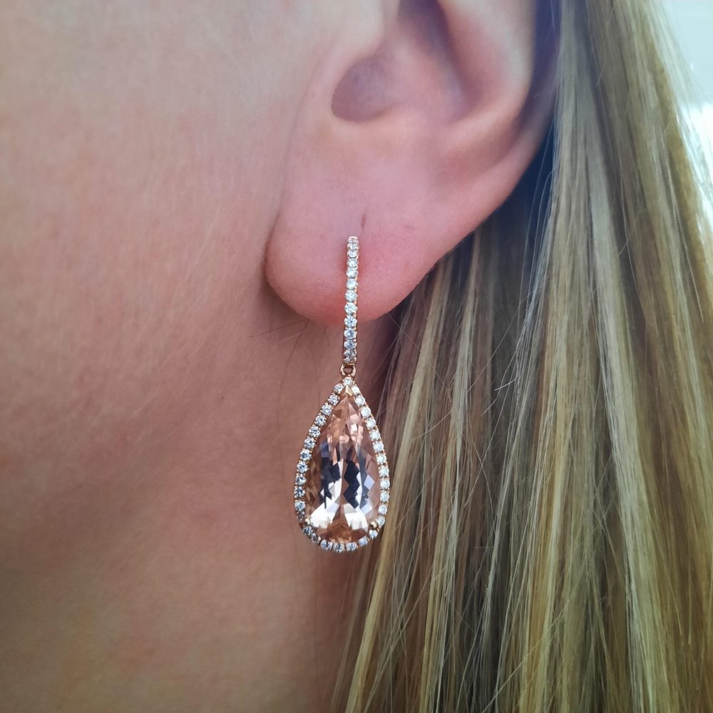 Pear Cut Morganite and Diamond Cluster Drop Earrings, 8 carats