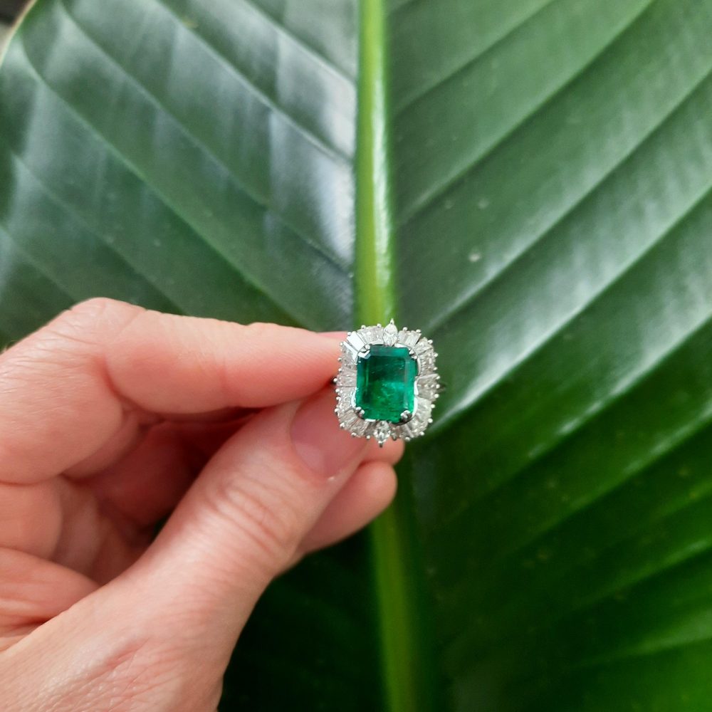 4ct Emerald and Diamond Cluster Ballerina Ring in Platinum