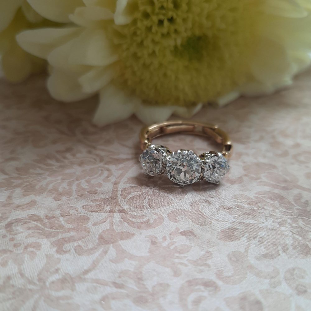 Old Mine Cut Diamond Trilogy Ring, 2.65 carat total
