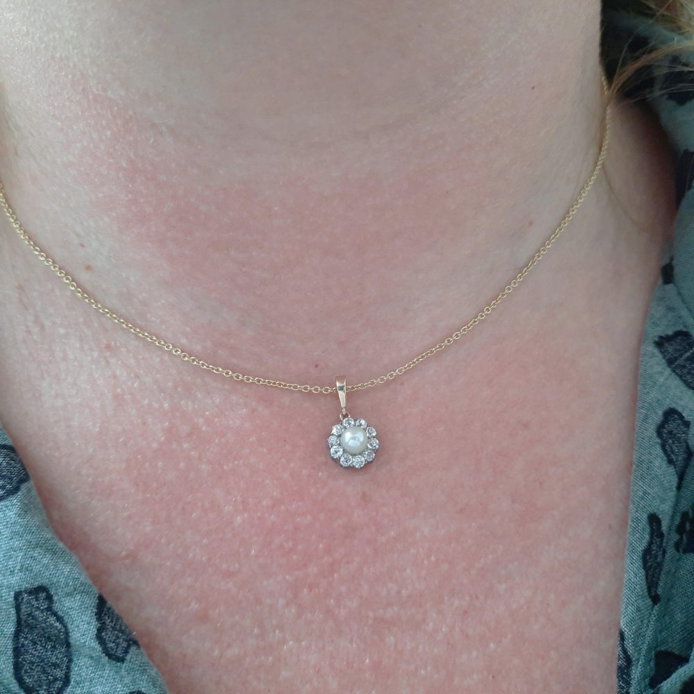 Antique Victorian Pearl and Diamond Cluster Pendant Necklace