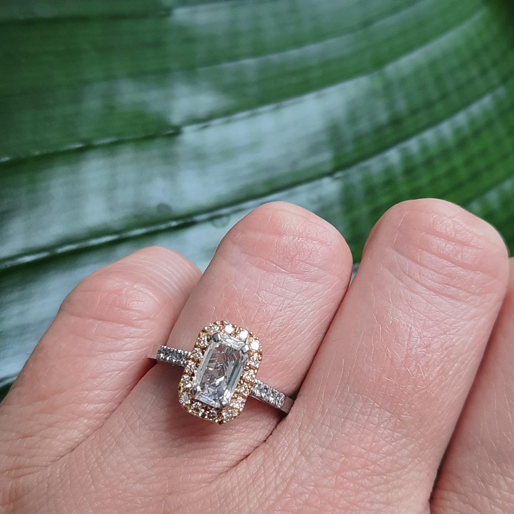 1.14ct Emerald Cut Diamond Ring with Yellow Diamond Halo Cluster