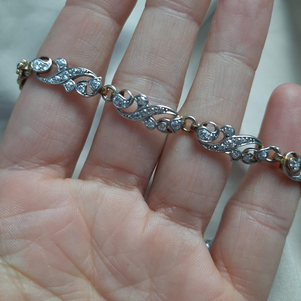 Antique Victorian Scrolled Diamond Bracelet in Silver on Gold