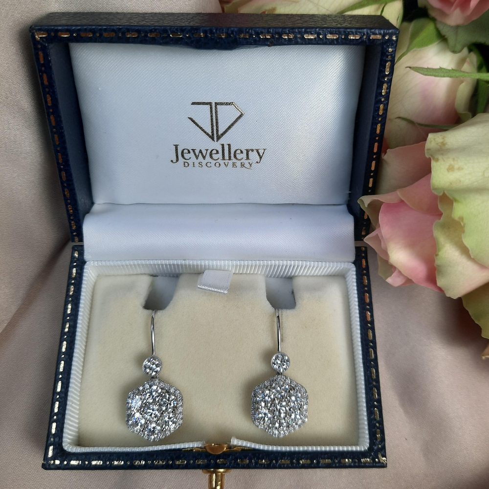 Diamond Cluster Drop Earrings, 3.45 carat total