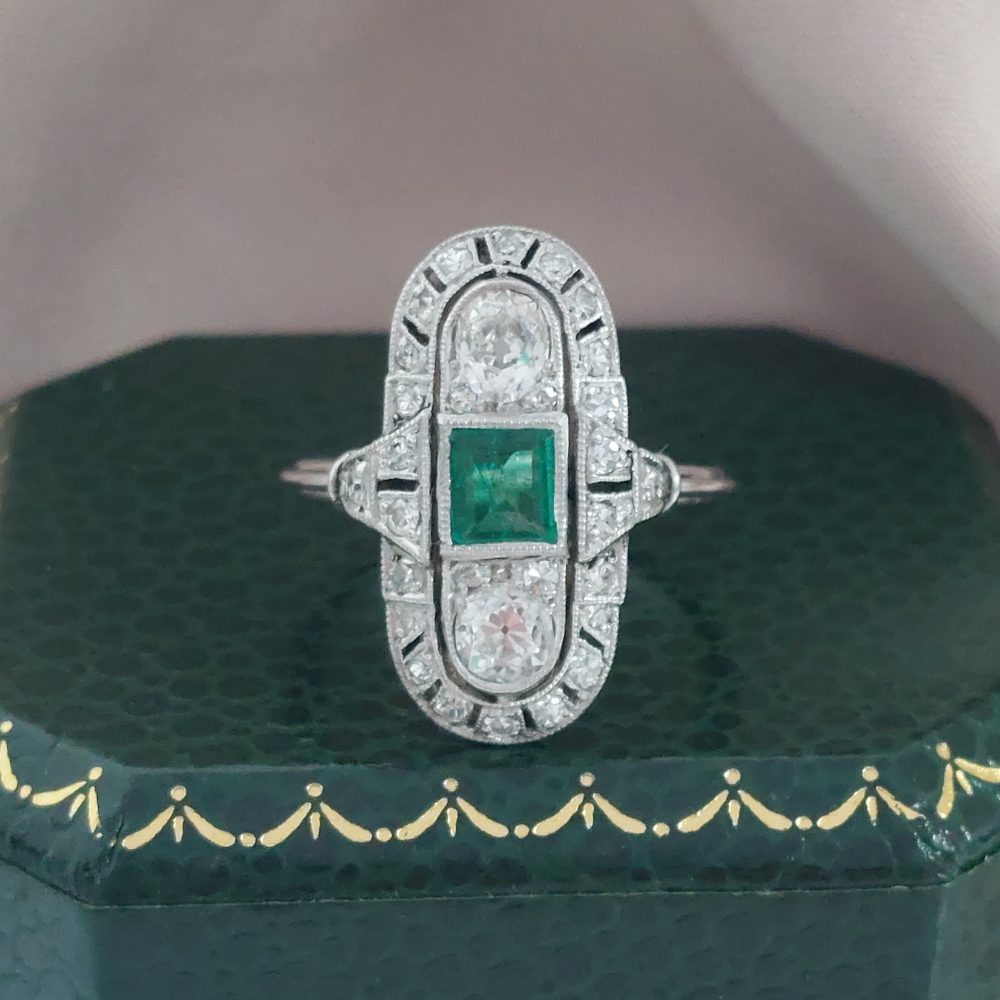 Antique Emerald and Diamond Three Stone Cluster Ring