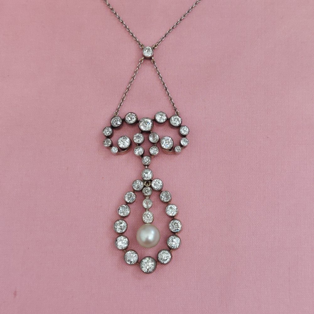 Antique 7ct Old Cut Diamond and Natural Pearl Pendant Necklace