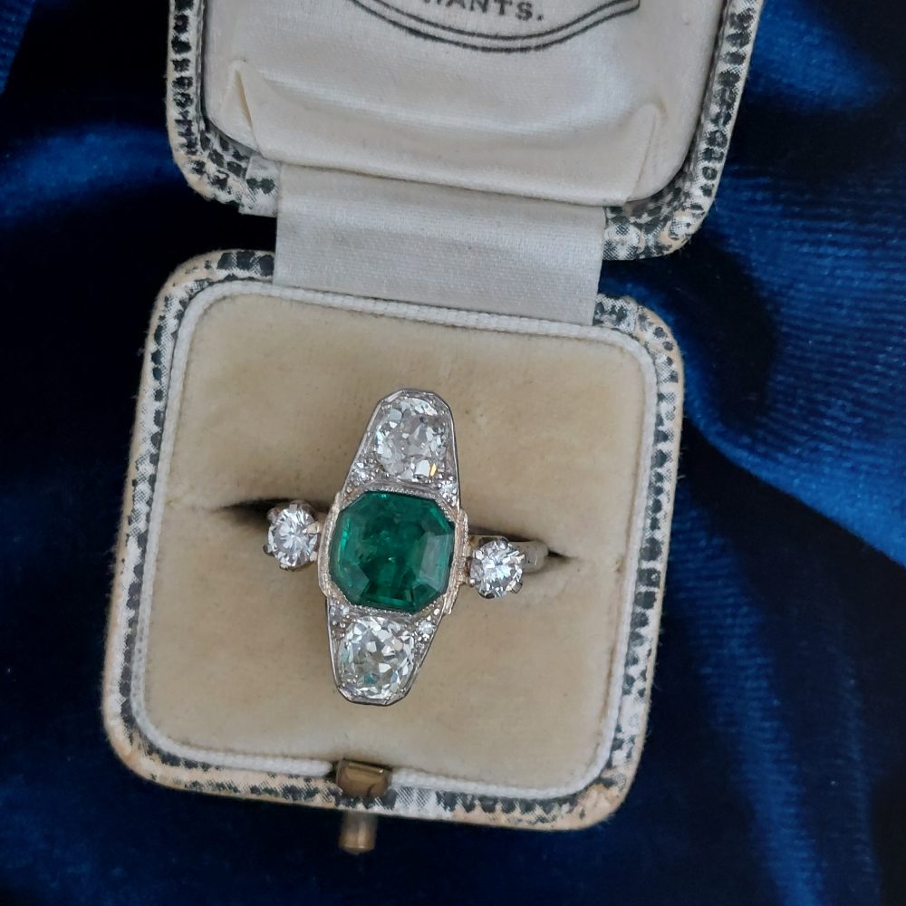Antique Emerald and Old Cut Diamond Trilogy Plaque Ring