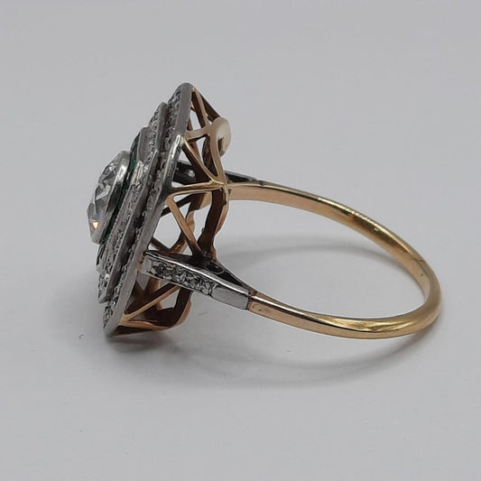 Old European Cut Diamond and Emerald Double Halo Target Ring